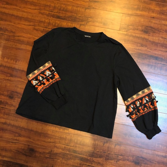 Black Aztec Fringe Stretch 3XL Sweatshirt Top - Picture 9 of 13